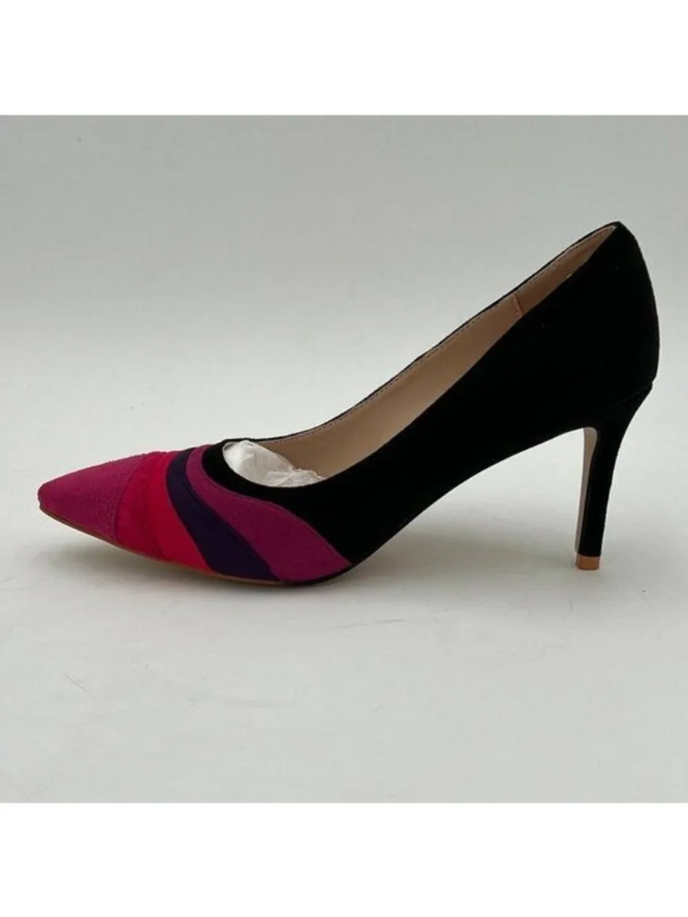FOWT Black Rainbow Color Stripes High Heel Pumps Slip on Pointed Toe Office Shoe